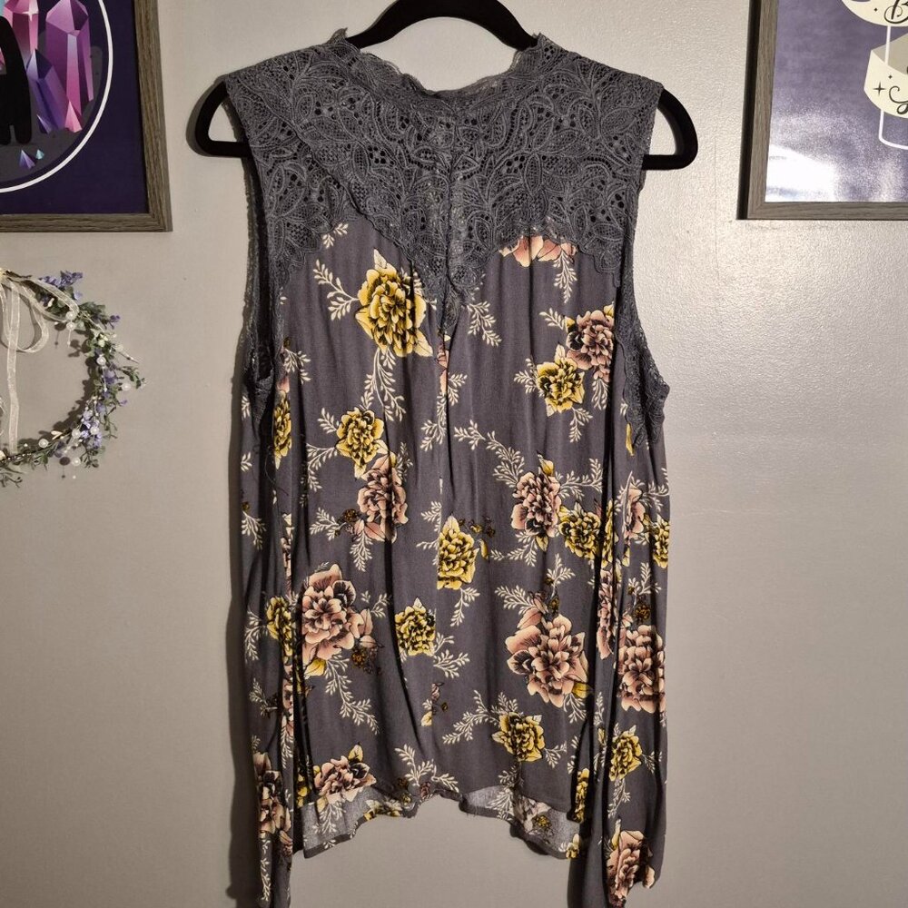 Torrid 1 Gray Floral Lace-Trim Tank Top Plus Size 1 X